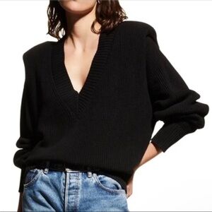 PISTOLA Camille Padded-Shoulder V Neck Ribbed Black Sweater size XS